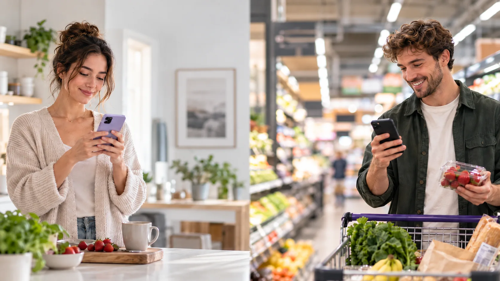 Two shoppers, one at a kitchen counter and one in a grocery aisle, both looking at their phones.
