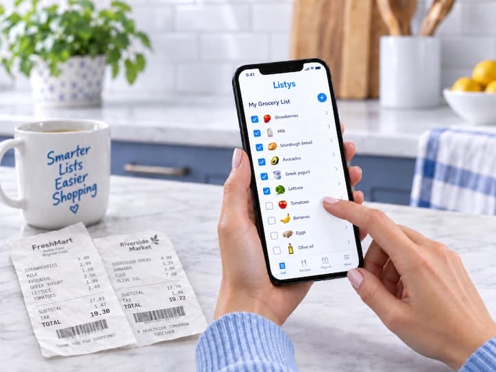A shopper checking groceries off a reusable Listys shopping list on their phone.