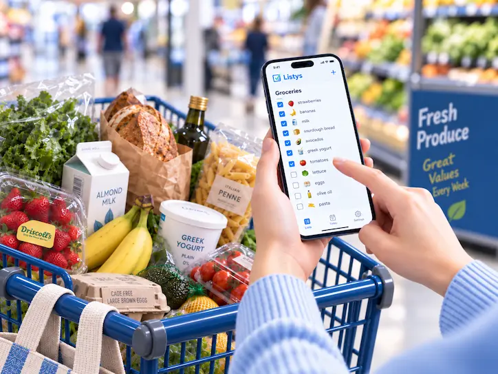 A shopper using Listys to find groceries while pushing a full cart through the store.